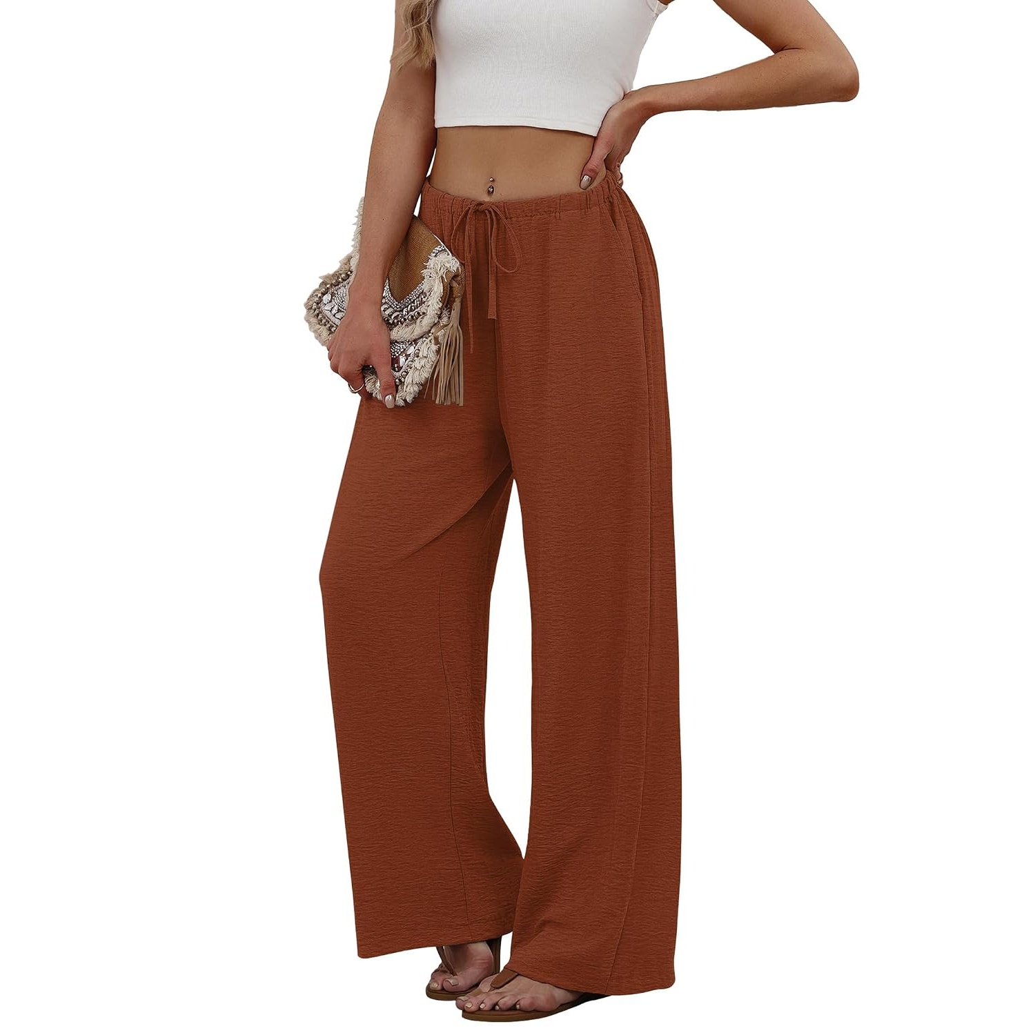 Flowy Wide Length Palazzo Pants With Pockets For Women