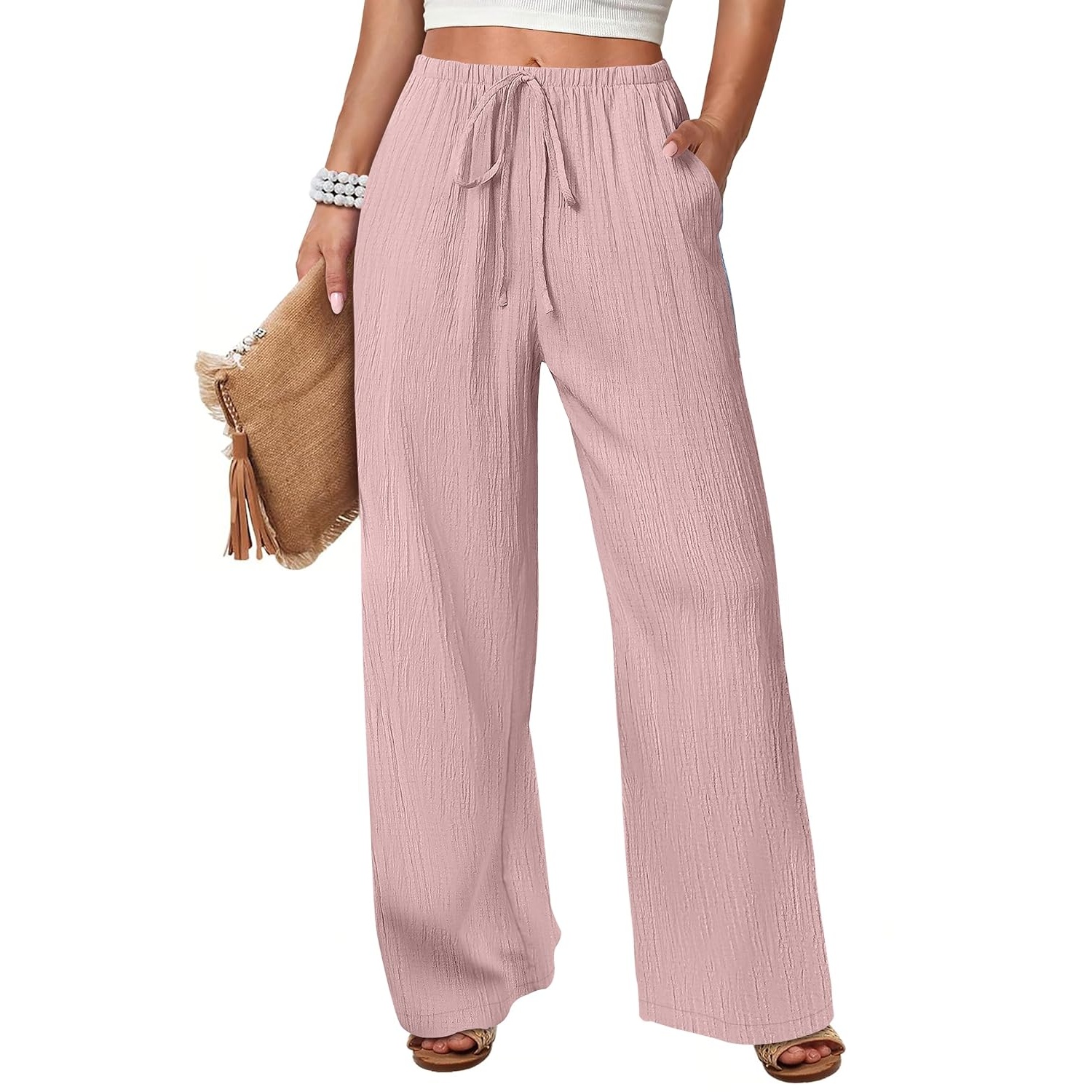 Casual Flowy Drawstring Palazzo Pants With Pockets