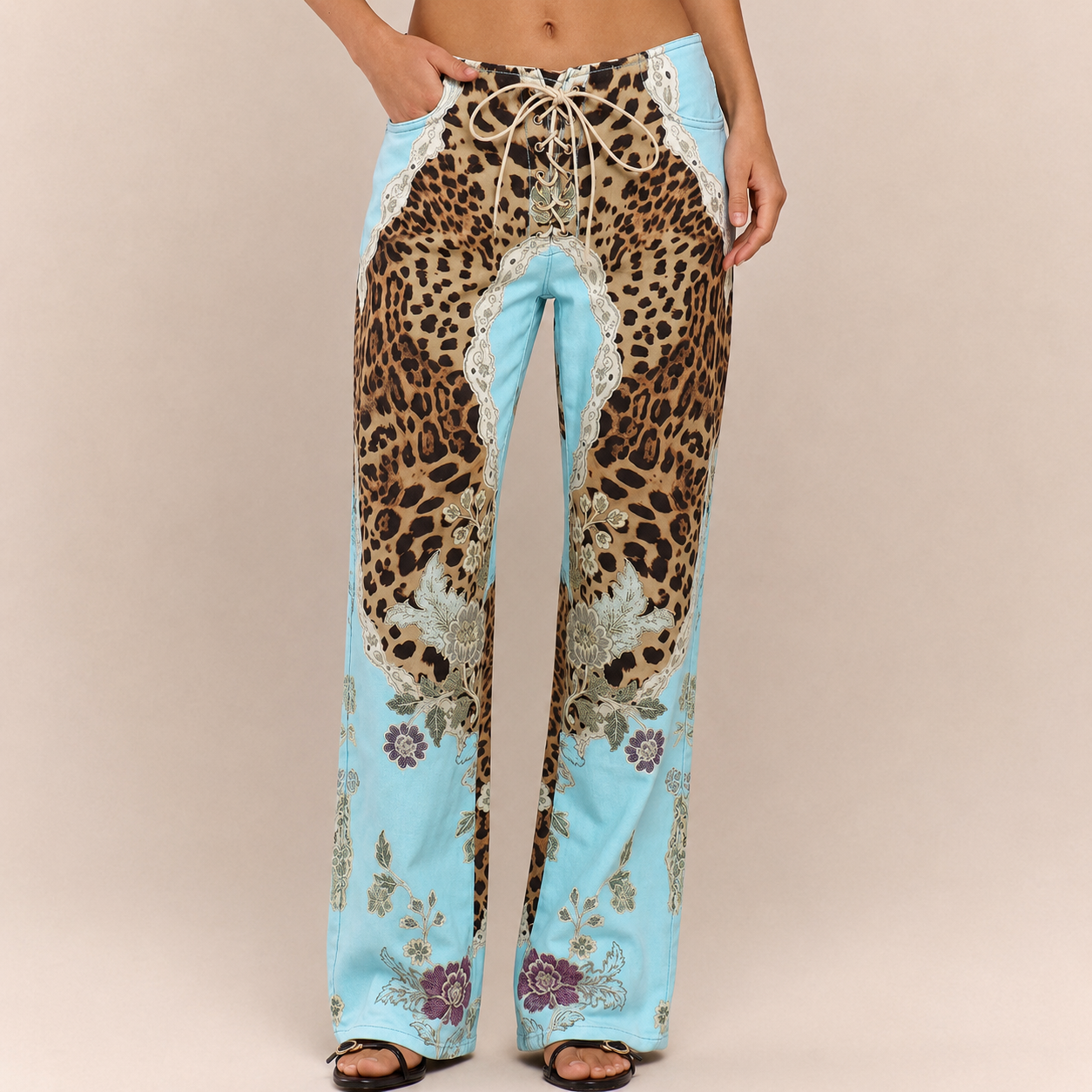 Peacock Print Lace Up Straight Leg Printed Jeans For Women