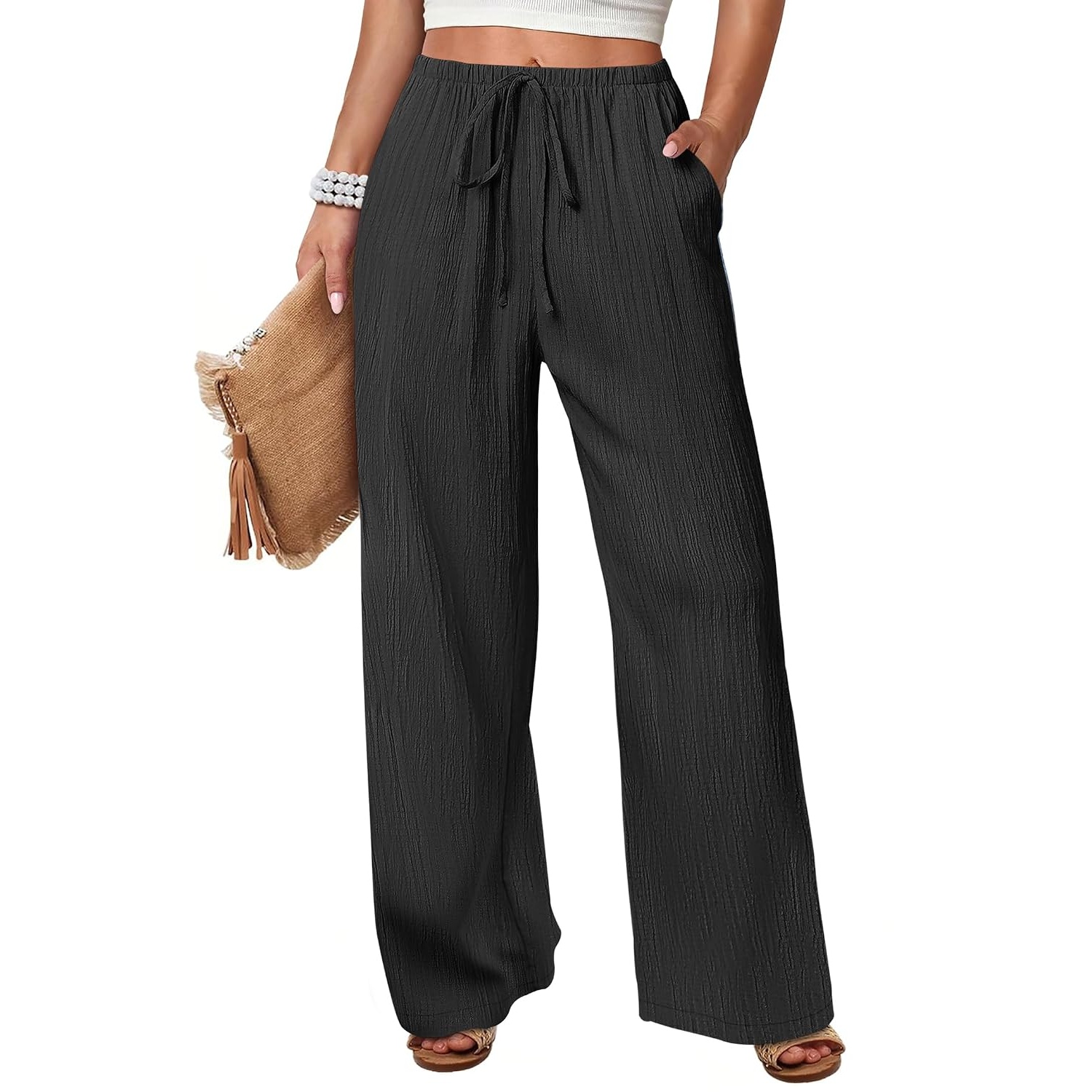 Casual Flowy Drawstring Palazzo Pants With Pockets