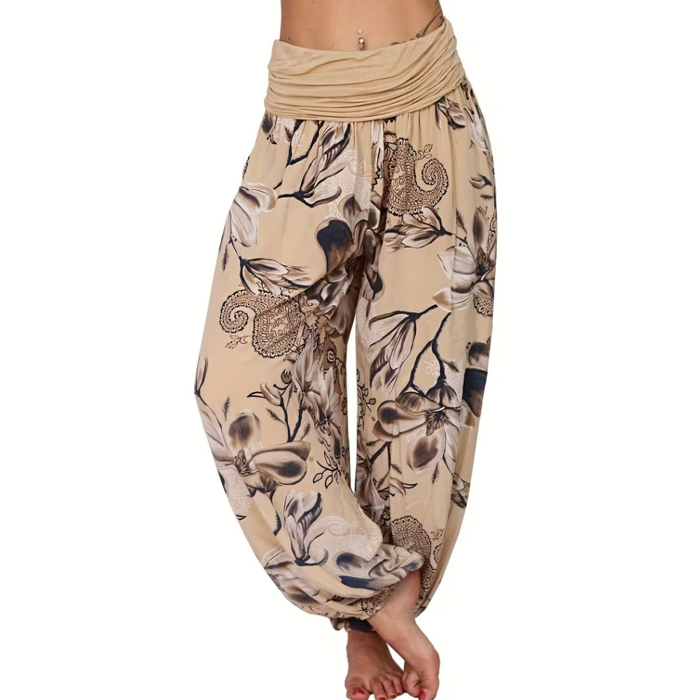 Boho Floral Print Ruched Harem Pants For Women
