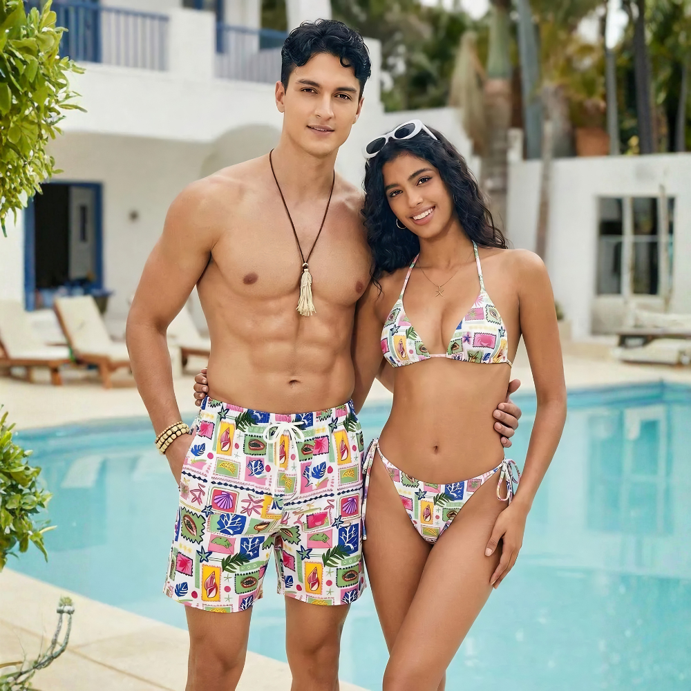 Beach Matching Swimwear Set With Tropical Print For Couples