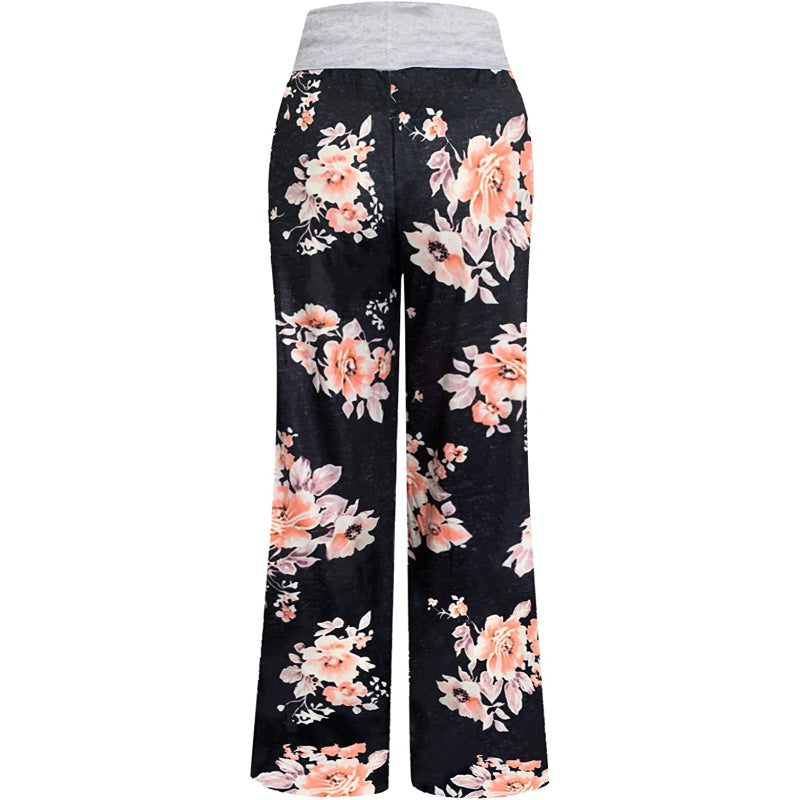 Women's Comfy Stretch Floral Print High Waist Drawstring Palazzo Wide Leg Pants-Legletic