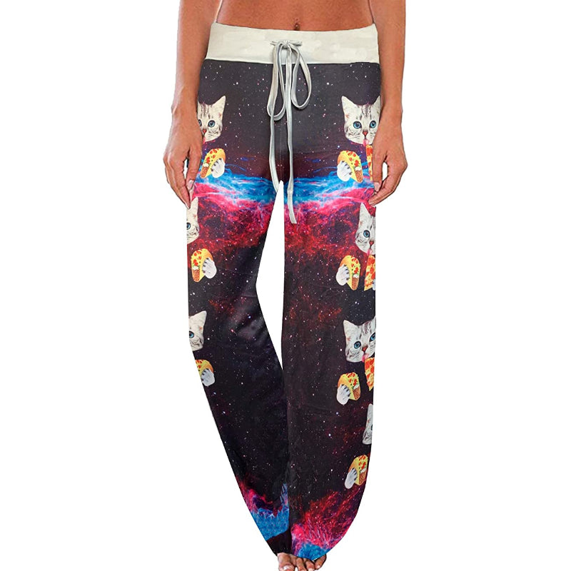 Women's Comfy Floral Print High Waist Drawstring Wide Leg Pants-Legletic