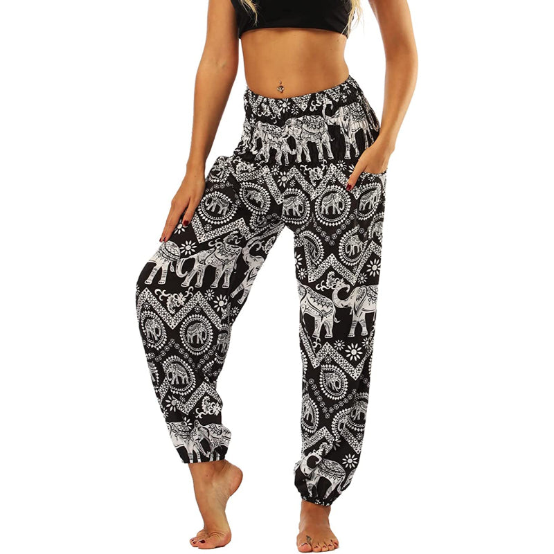 Women's Boho Pants Harem Smocked Waist Yoga Hippie Palazzo Summer Beach Pants-Legletic