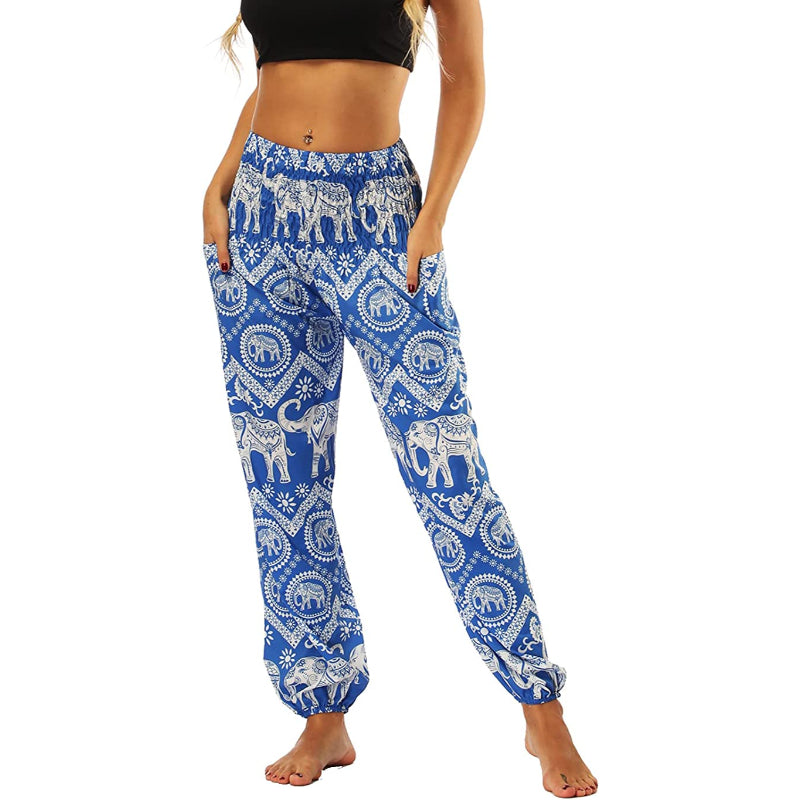 Women's Boho Pants Harem Smocked Waist Yoga Hippie Palazzo Summer Beach Pants-Legletic
