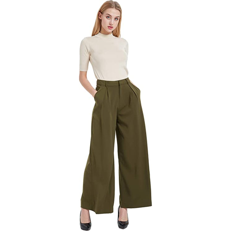 Women High Waist Casual Wide Leg Long Palazzo Pants Regular Trousers-Legletic