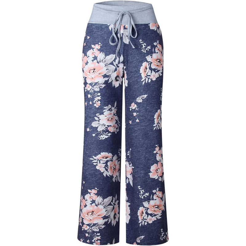 Women's Comfy Stretch Floral Print High Waist Drawstring Palazzo Wide Leg Pants-Legletic