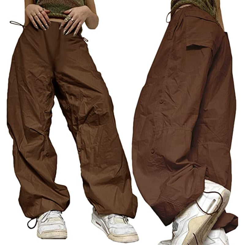 Women Baggy Low Waist Cargo Pants Y2K Parachute Pants For Women Wide Straight Leg Drawstring Trouser With Pocket-Legletic