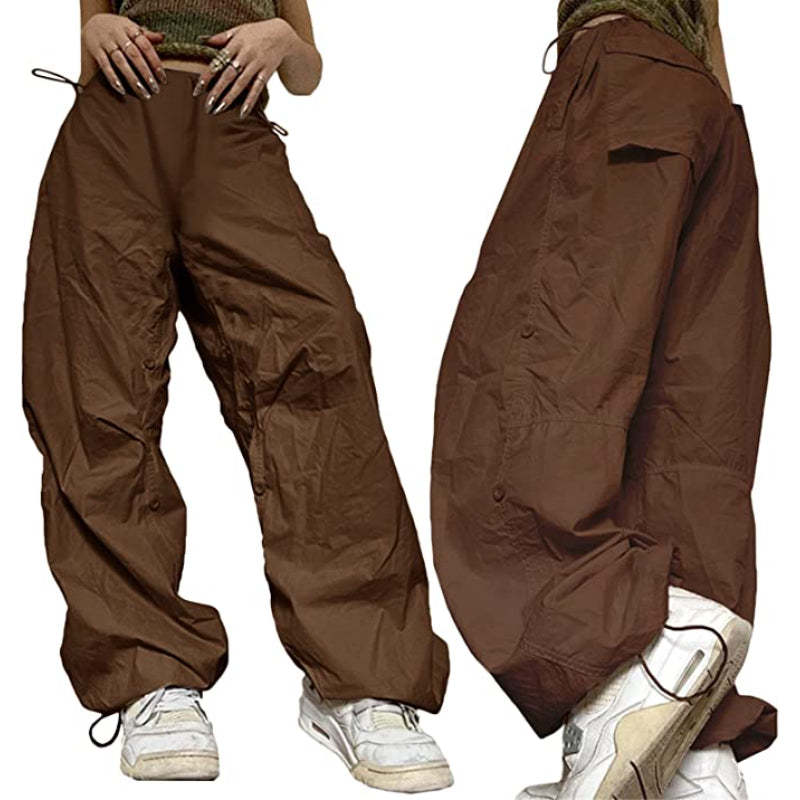 Women Baggy Low Waist Cargo Pants Y2K Parachute Pants For Women Wide Straight Leg Drawstring Trouser With Pocket-Legletic