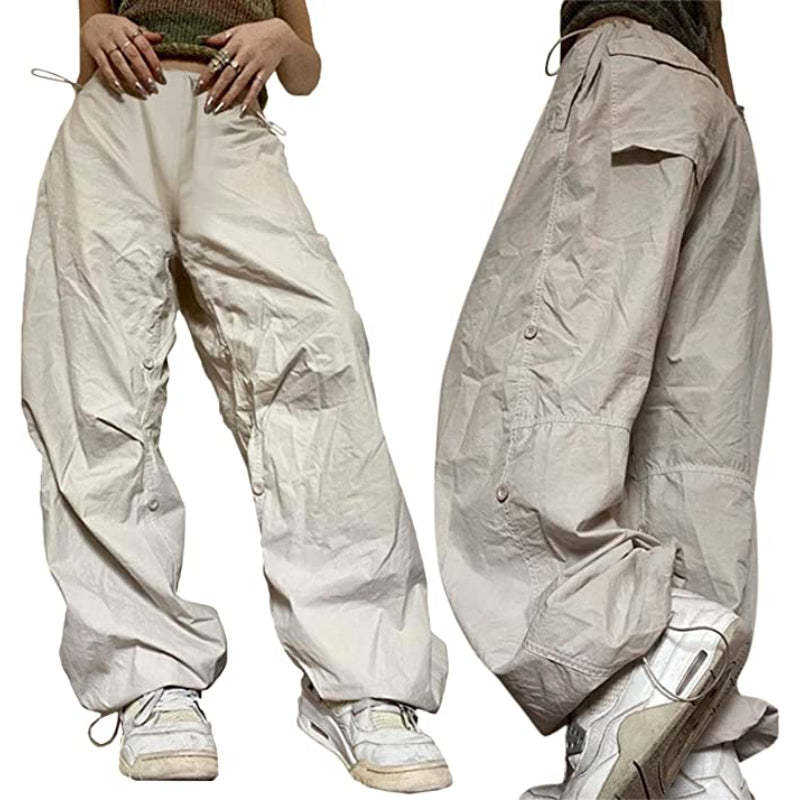 Women Baggy Low Waist Cargo Pants Y2K Parachute Pants For Women Wide Straight Leg Drawstring Trouser With Pocket-Legletic