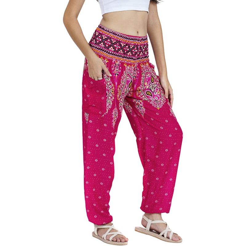Women's Rayon Print Smocked Waist Boho Harem Pants-Legletic
