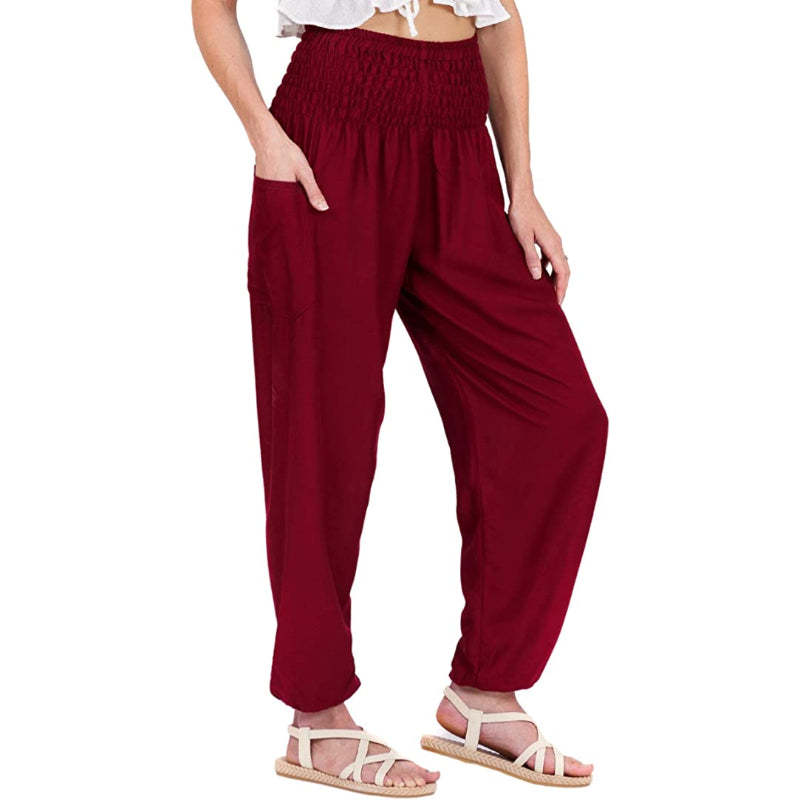 Print Smocked Waist Boho Harem Pants-Legletic