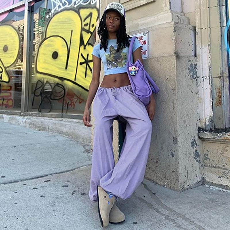 Women Baggy Low Waist Cargo Pants Y2K Parachute Pants For Women Wide Straight Leg Drawstring Trouser With Pocket-Legletic