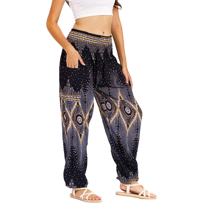 Rayon Print Smocked Waist Boho Harem Pants-Legletic