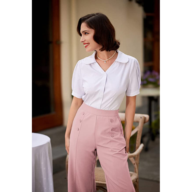 Women's Stretchy High Waisted Work Wide Leg Pants Button Down Casual Sailor Trousers With Pockets-Legletic