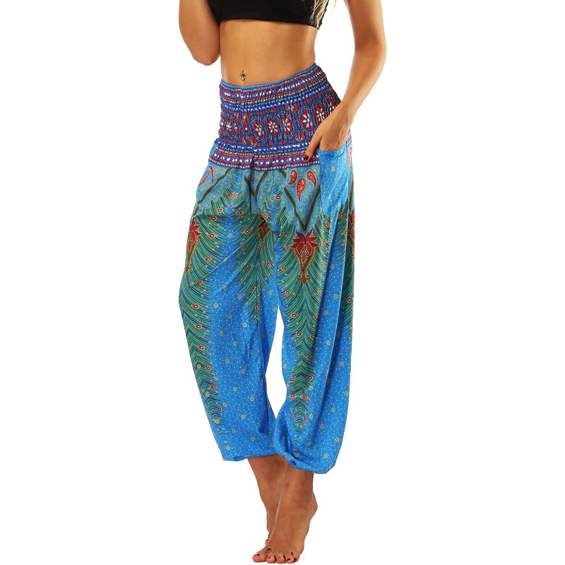 Women's Boho Pants Harem Smocked Waist Yoga Hippie Palazzo Summer Beach Pants-Legletic