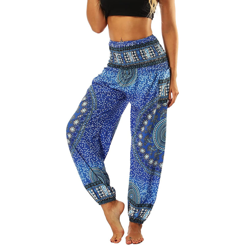 Women's Boho Pants Harem Smocked Waist Yoga Hippie Palazzo Summer Beach Pants-Legletic