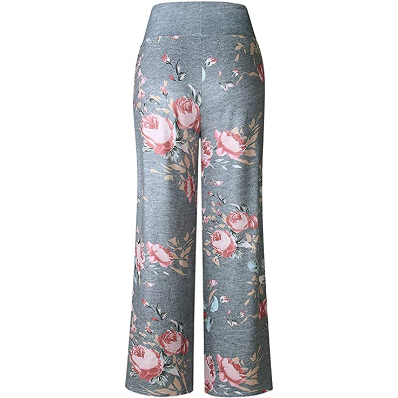 Women's Comfy Stretch Floral Print High Waist Drawstring Palazzo Wide Leg Pants-Legletic