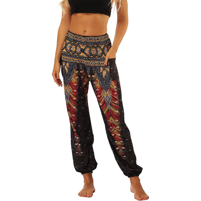 Women's Boho Pants Harem Smocked Waist Yoga Hippie Palazzo Summer Beach Pants-Legletic