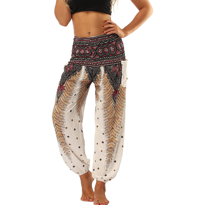 Women's Boho Pants Harem Smocked Waist Yoga Hippie Palazzo Summer Beach Pants-Legletic