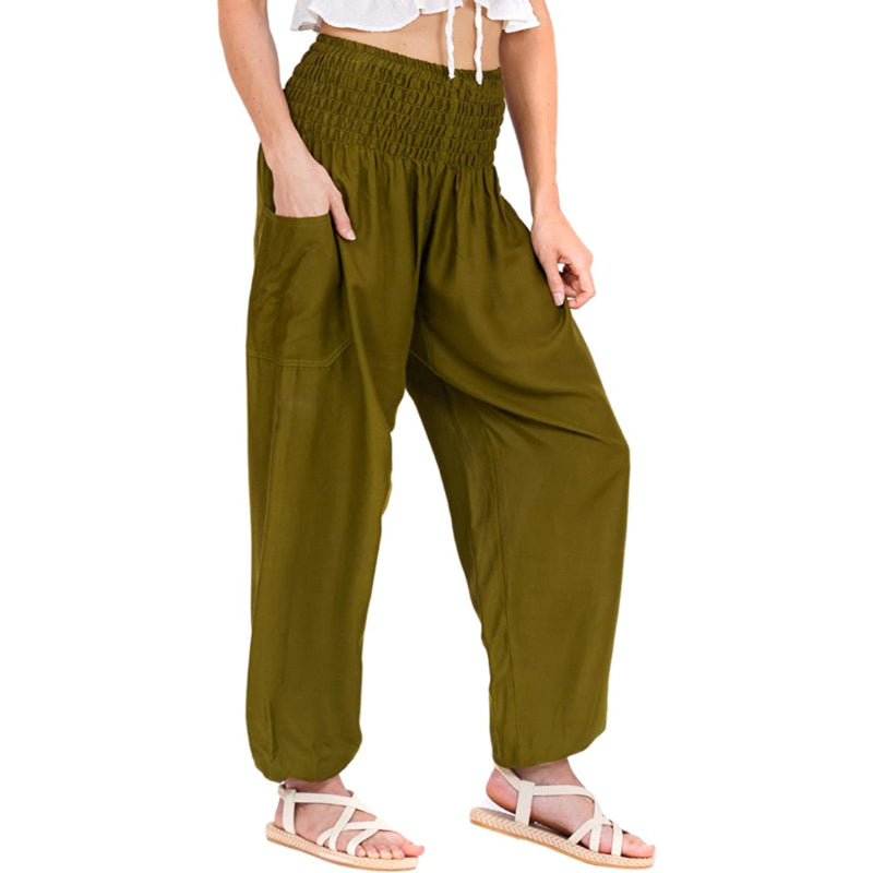 Women's Rayon Print Smocked Waist Boho Harem Pants-Legletic