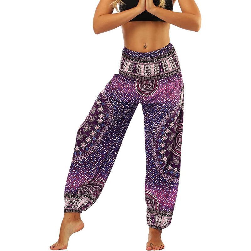 Women's Boho Pants Harem Smocked Waist Yoga Hippie Palazzo Summer Beach Pants-Legletic