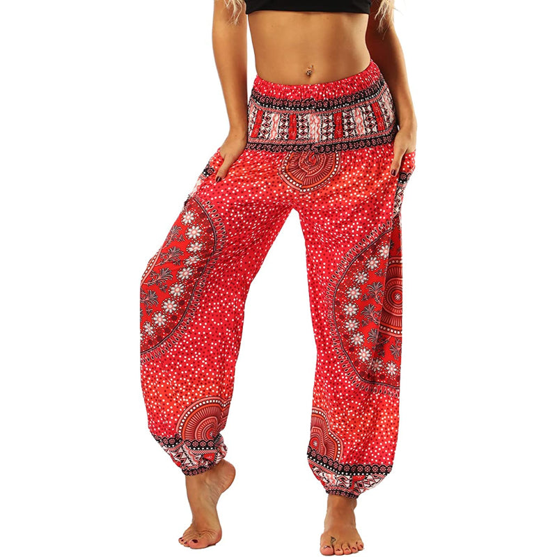 Women's Boho Pants Harem Smocked Waist Yoga Hippie Palazzo Summer Beach Pants-Legletic