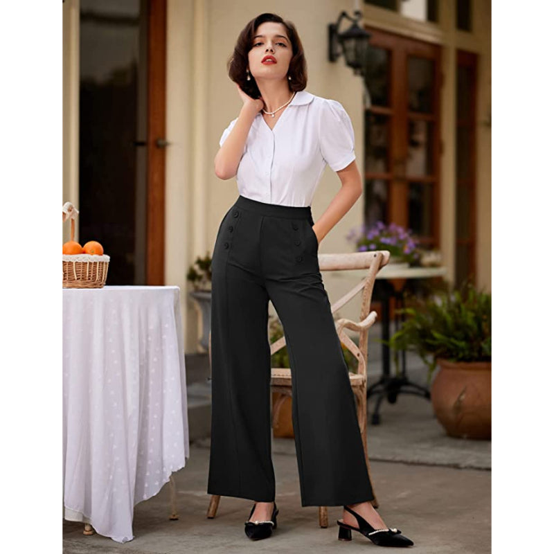 Women's Stretchy High Waisted Work Wide Leg Pants Button Down Casual Sailor Trousers With Pockets-Legletic