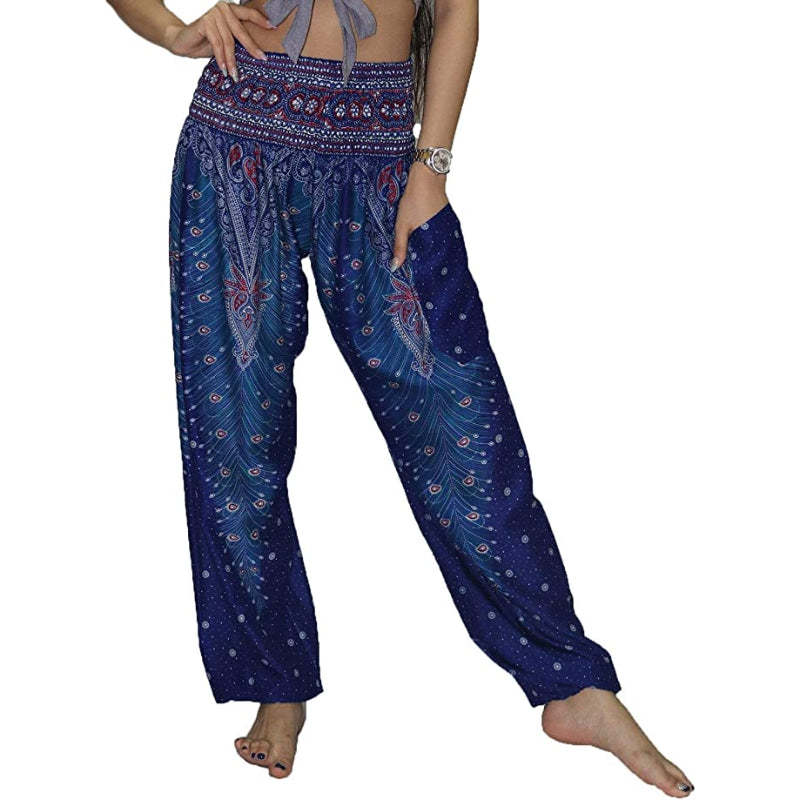 Rayon Print Smocked Waist Boho Harem Pants-Legletic