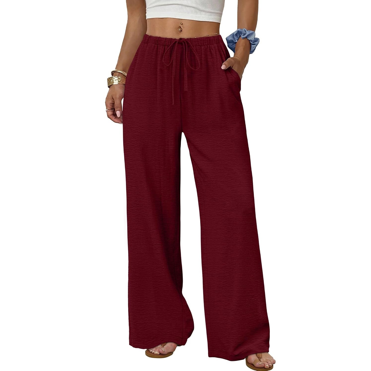 Flowy Wide Length Palazzo Pants With Pockets For Women