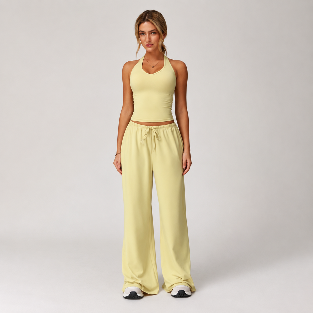 Sleeveless Crop Tank Top And Wide Pants For Women