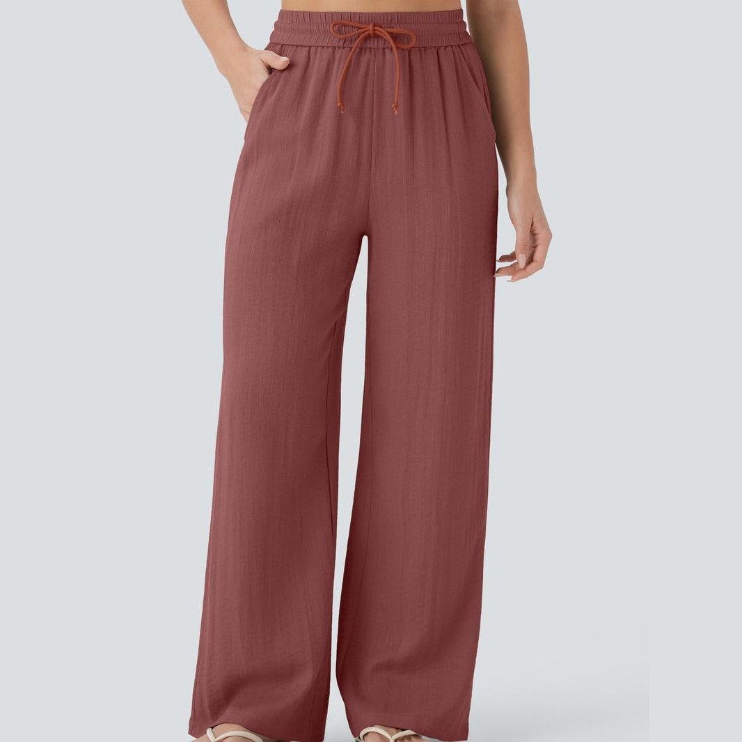 Casual Wide Baggy Linen Feel Pants With Drawstring For Women