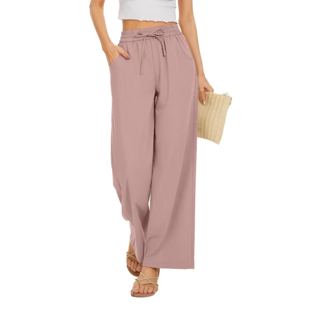 Loose Fit Palazzo Pants With Elastic And Pockets For Women