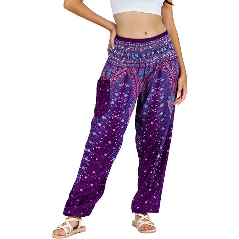 Colorful Print Smocked Waist Boho Harem Pants-Legletic