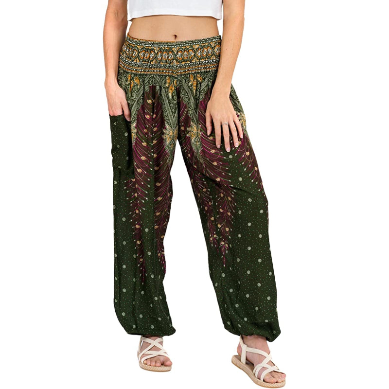 Women's Rayon Print Smocked Waist Boho Harem Pants-Legletic