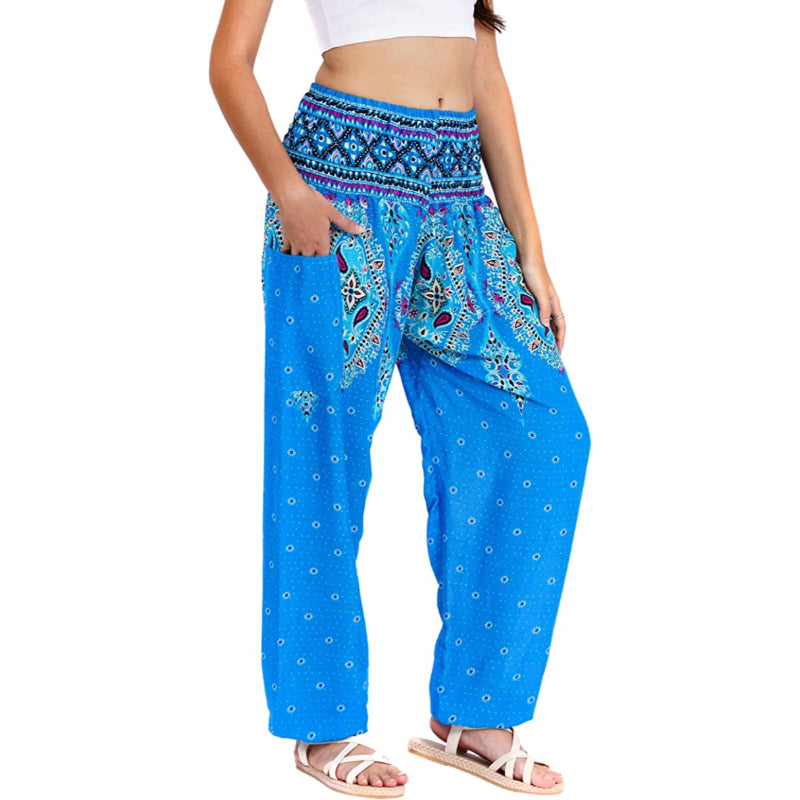 Rayon Print Smocked Waist Boho Harem Pants-Legletic