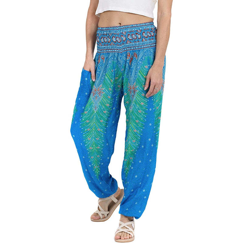 Women's Rayon Print Smocked Waist Boho Harem Pants-Legletic