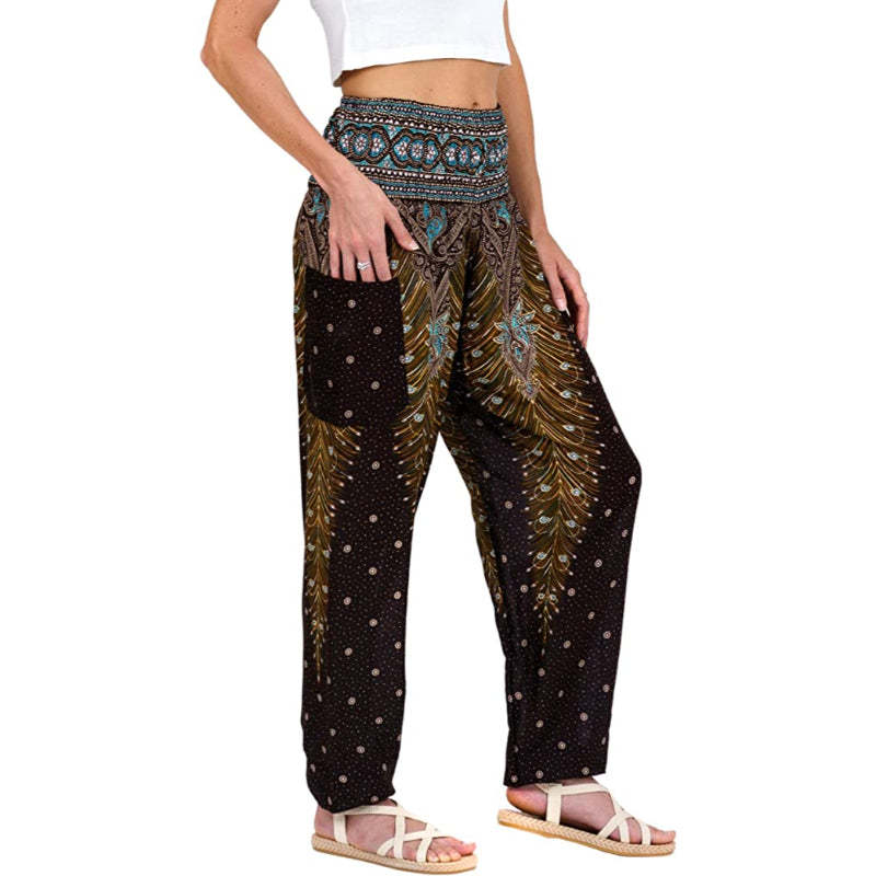 Print Smocked Waist Boho Harem Pants-Legletic