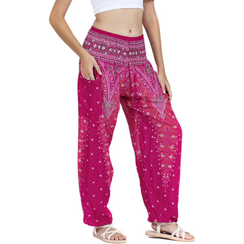 Print Smocked Waist Boho Harem Pants-Legletic