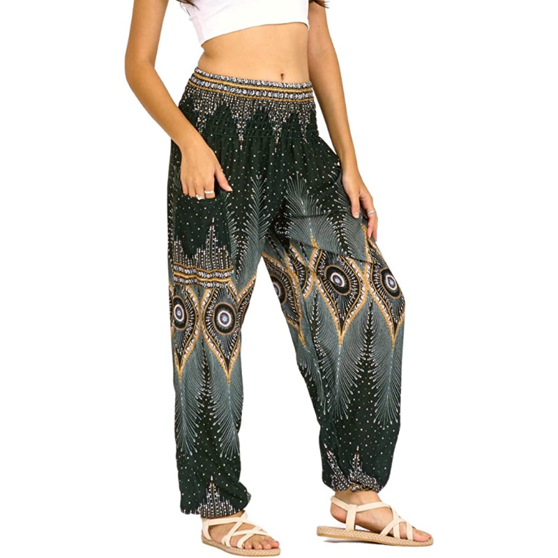 Rayon Print Smocked Waist Boho Harem Pants-Legletic