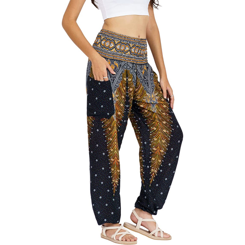 Women's Rayon Print Smocked Waist Boho Harem Pants-Legletic