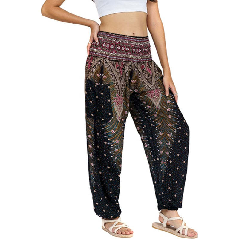 Print Smocked Waist Boho Harem Pants-Legletic
