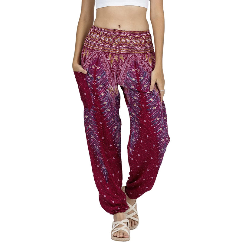 Rayon Print Smocked Waist Boho Harem Pants-Legletic