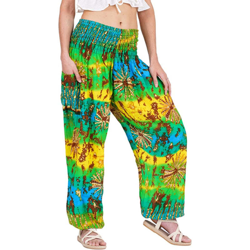 Print Smocked Waist Boho Harem Pants-Legletic