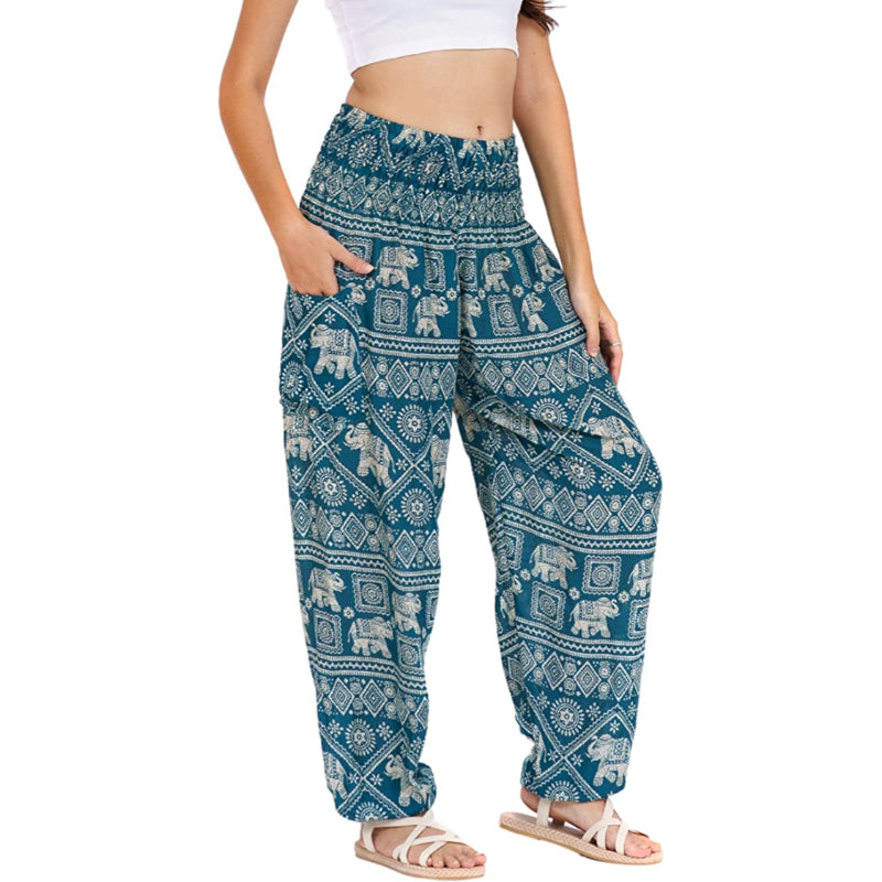 Colorful Print Smocked Waist Boho Harem Pants-Legletic
