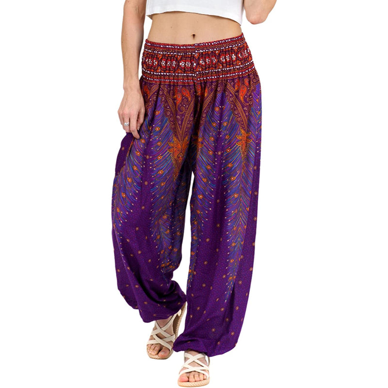 Colorful Print Smocked Waist Boho Harem Pants-Legletic