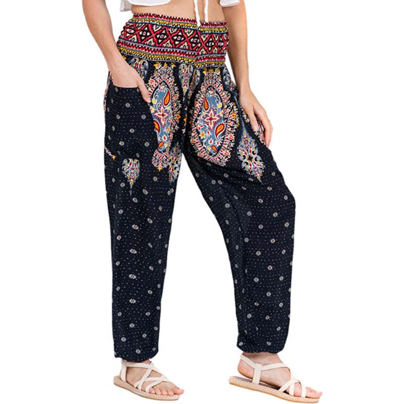 Colorful Print Smocked Waist Boho Harem Pants-Legletic