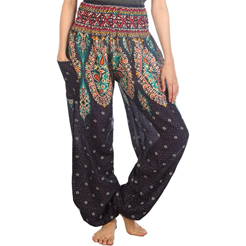 Print Smocked Waist Boho Harem Pants-Legletic