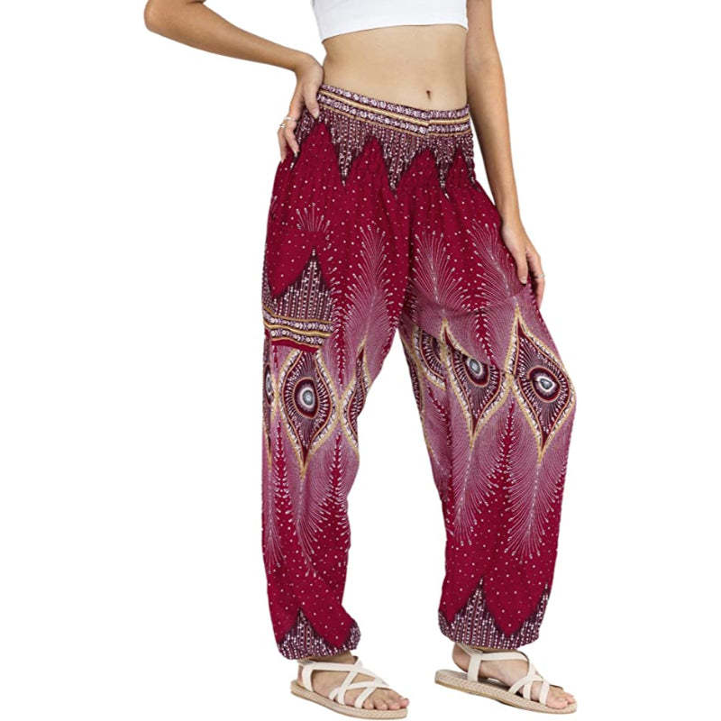 Rayon Print Smocked Waist Boho Harem Pants-Legletic